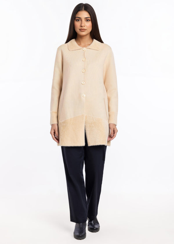 Beige-Wing Collar Full Sleeves Cardigan Sweater (25Y-093-67)