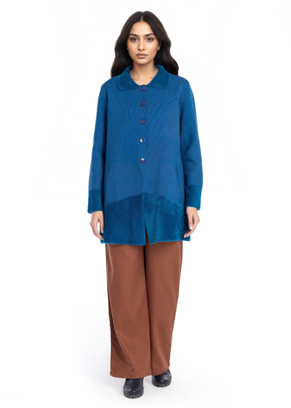 Teal-Wing Collar Full Sleeves Cardigan Sweater (25Y-093-67)