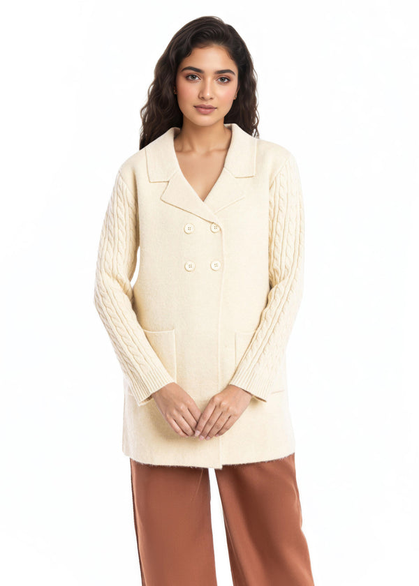 Beige-Notched Collar Full Sleeves Cardigan Sweater (25Y-095-67)