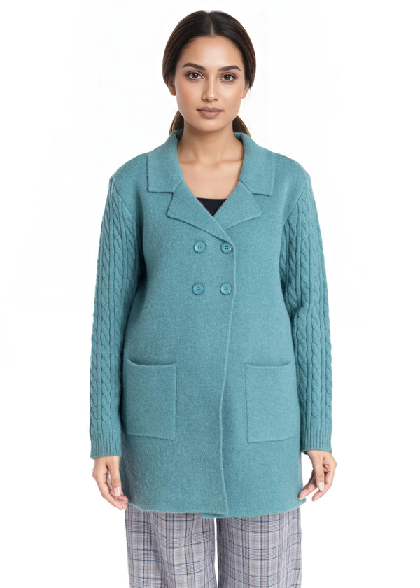 D-Green-Notched Collar Full Sleeves Cardigan Sweater (25Y-095-67)