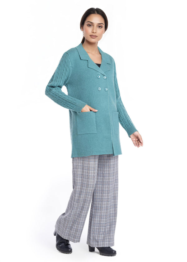 D-Green-Notched Collar Full Sleeves Cardigan Sweater (25Y-095-67)