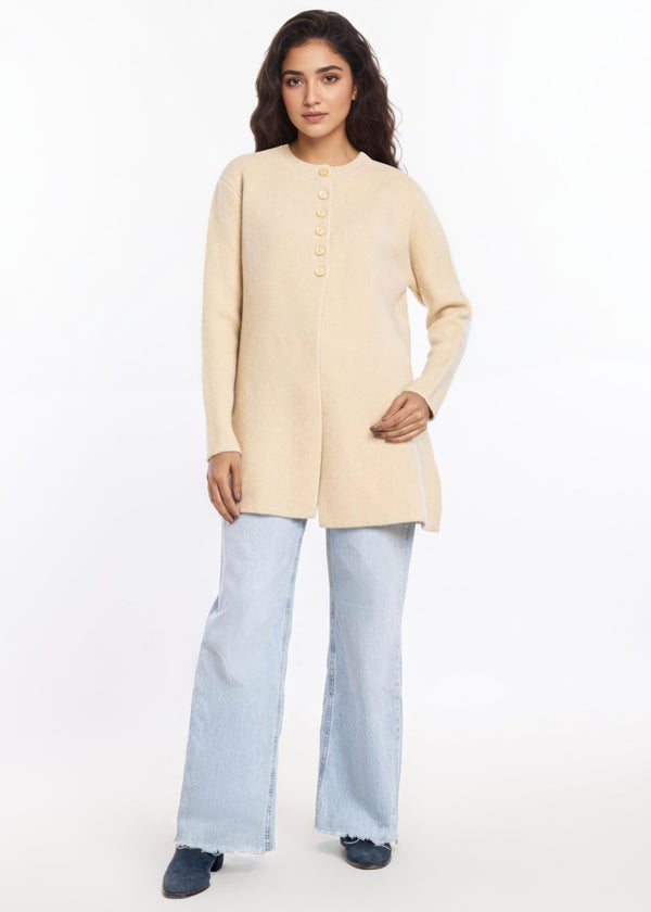 O-White-Round Neck Cardigan Full Sleeves Sweater (25Y-098-67)