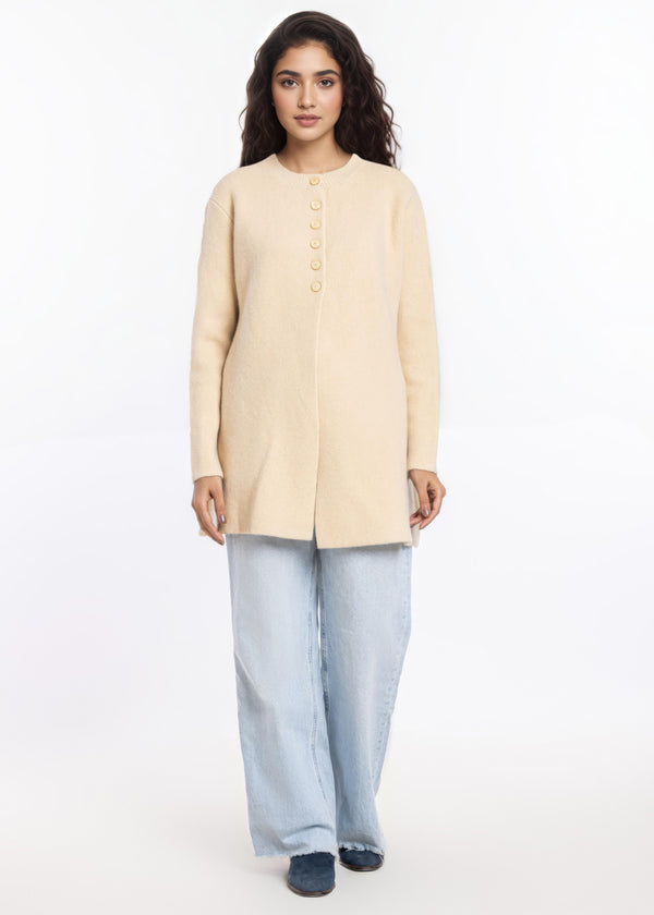 O-White-Round Neck Cardigan Full Sleeves Sweater (25Y-098-67)