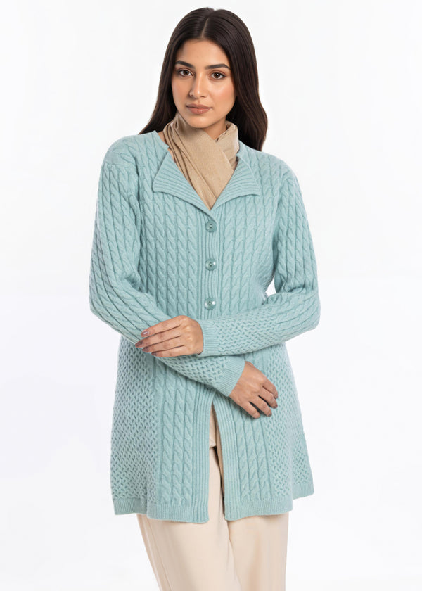 Aqua-Lapel Collar Full Sleeves Cardigan Sweater (25Y-099-67)