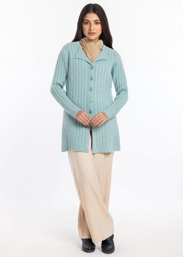 Aqua-Lapel Collar Full Sleeves Cardigan Sweater (25Y-099-67)