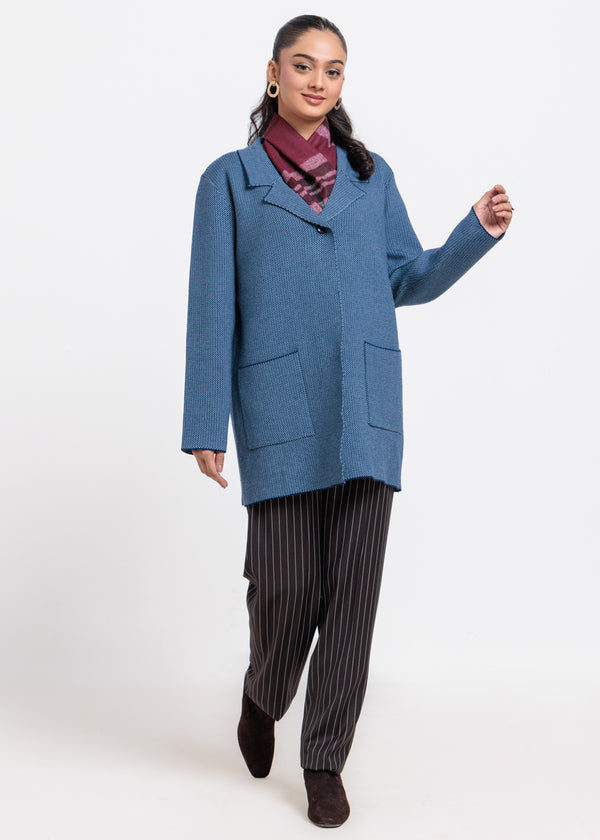 Blue-Notched Collar Full Sleeves Cardigan Sweater (25Y-106-67)