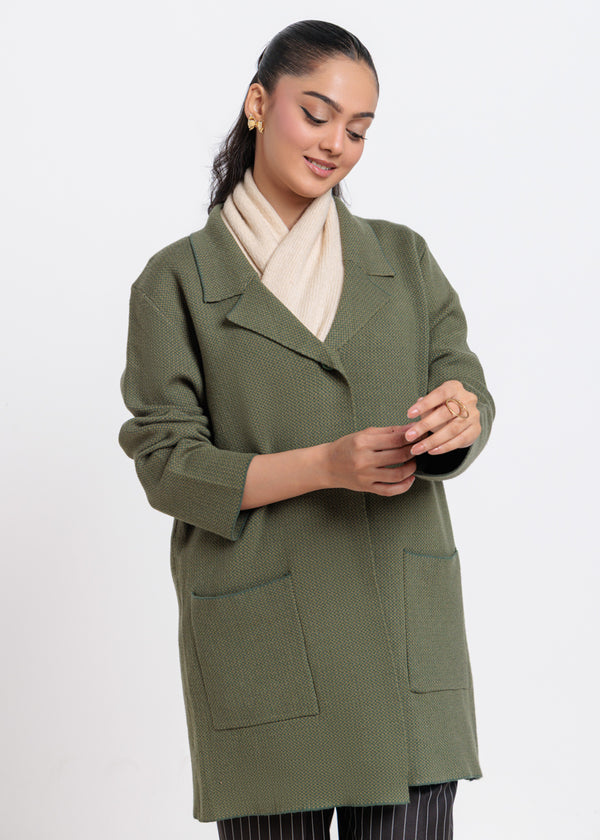 Green-Notched Collar Full Sleeves Cardigan Sweater (25Y-106-67)