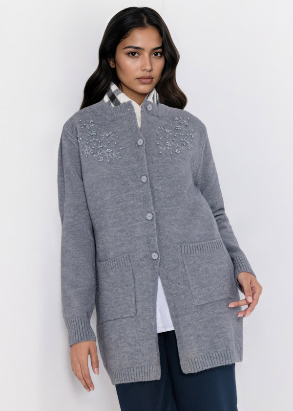 Grey-Round Neck Full Sleeves Cardigan Sweater (25Y-107-67)