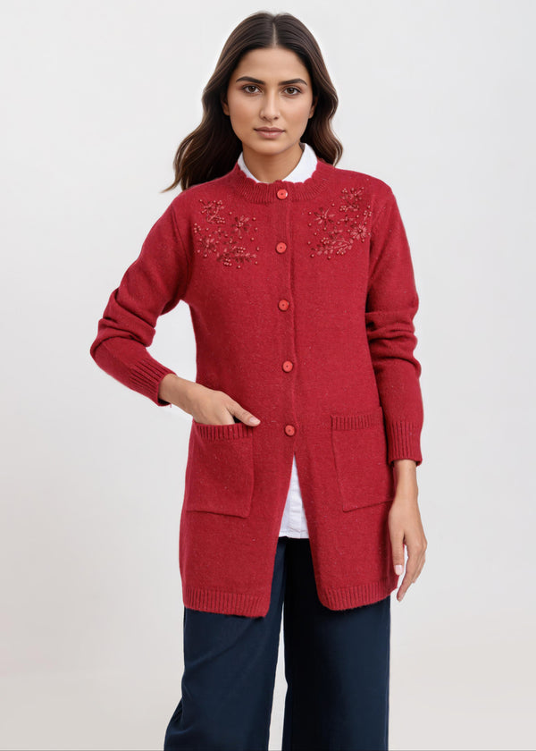 Maroon-Round Neck Full Sleeves Cardigan Sweater (25Y-107-67)