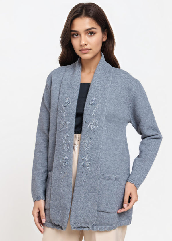 Grey-V-Cardigan Full Sleeves Sweater (25Y-108-67)