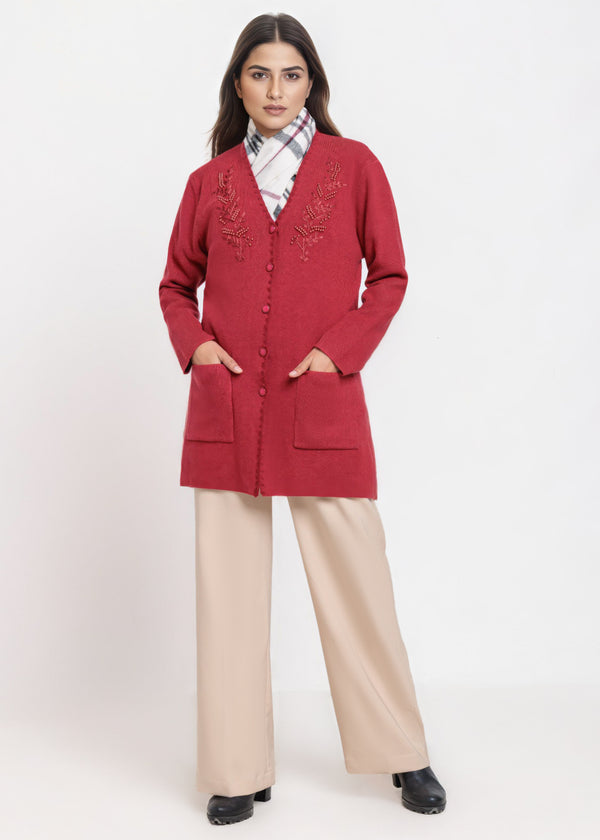 Maroon-V-Cardigan Full Sleeves Sweater (25Y-109-67)