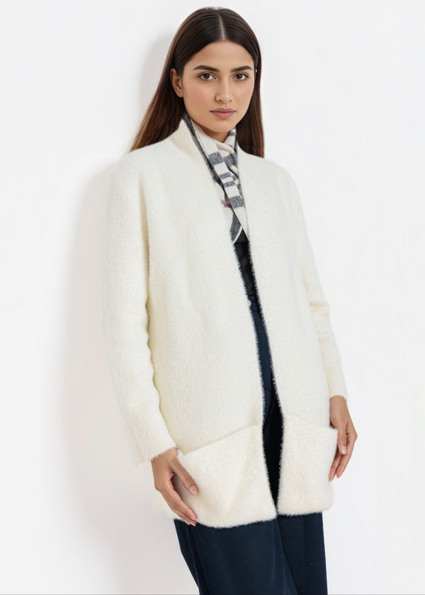 O-White-Round Neck Full Sleeves Cardigan Sweater (25Y-111-67)