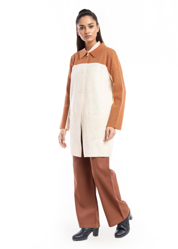 Beige-Wing Collar Full Sleeves Cardigan Sweater (25Y-116-67)