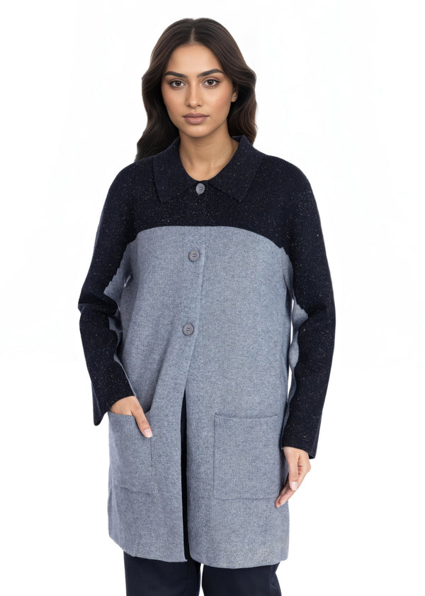 Grey-Wing Collar Full Sleeves Cardigan Sweater (25Y-116-67)