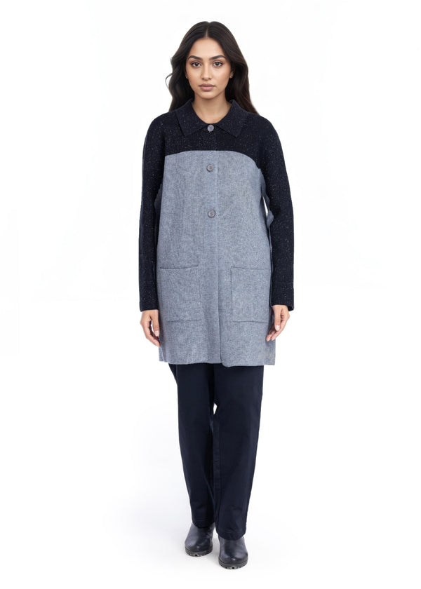 Grey-Wing Collar Full Sleeves Cardigan Sweater (25Y-116-67)