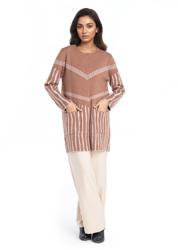 Brown-Round Neck Cardigan Full Sleeves Sweater (25Y-117-67)