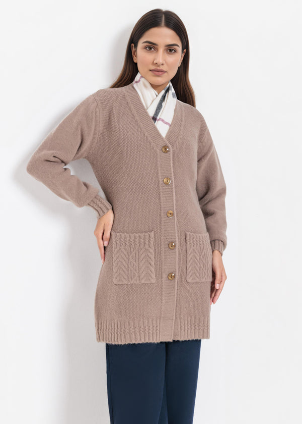 D-Beige-V-Cardigan Full Sleeves Sweater (25Y-121-67)