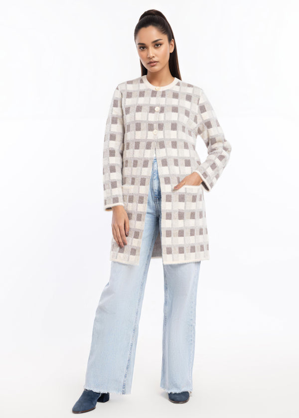 O-White-Round Neck Cardigan Full Sleeves Sweater (25Y-123-67)