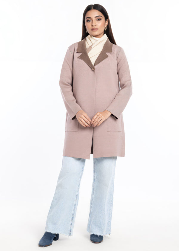 Beige-Wing Collar Full Sleeves Cardigan Sweater (25Y-124-67)