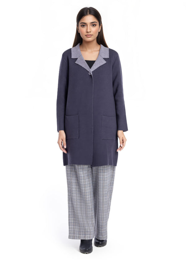 Charcoal-Wing Collar Full Sleeves Cardigan Sweater (25Y-124-67)