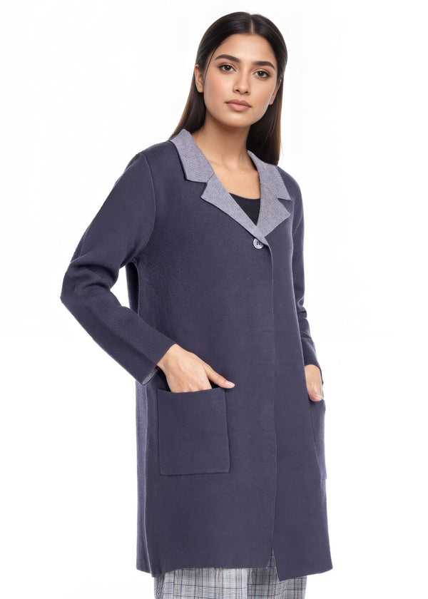 Charcoal-Wing Collar Full Sleeves Cardigan Sweater (25Y-124-67)