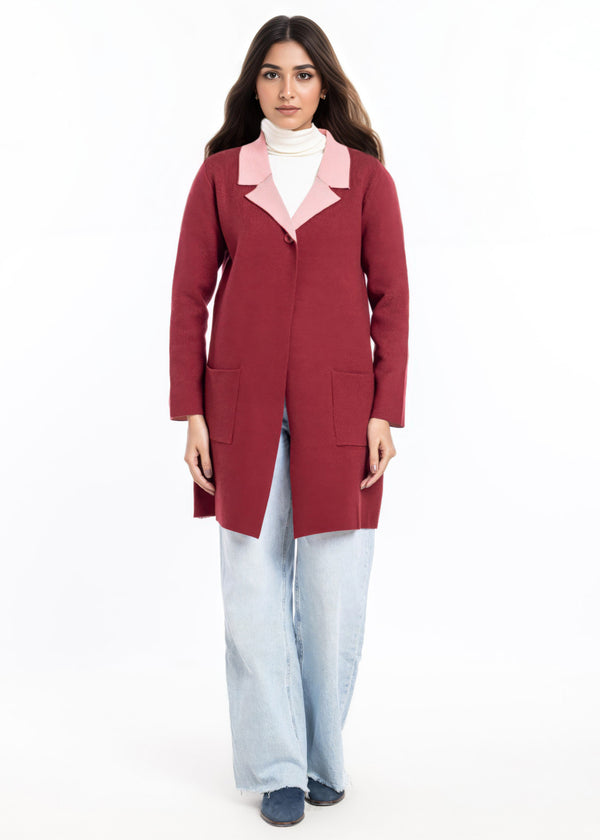 Maroon-Wing Collar Full Sleeves Cardigan Sweater (25Y-124-67)
