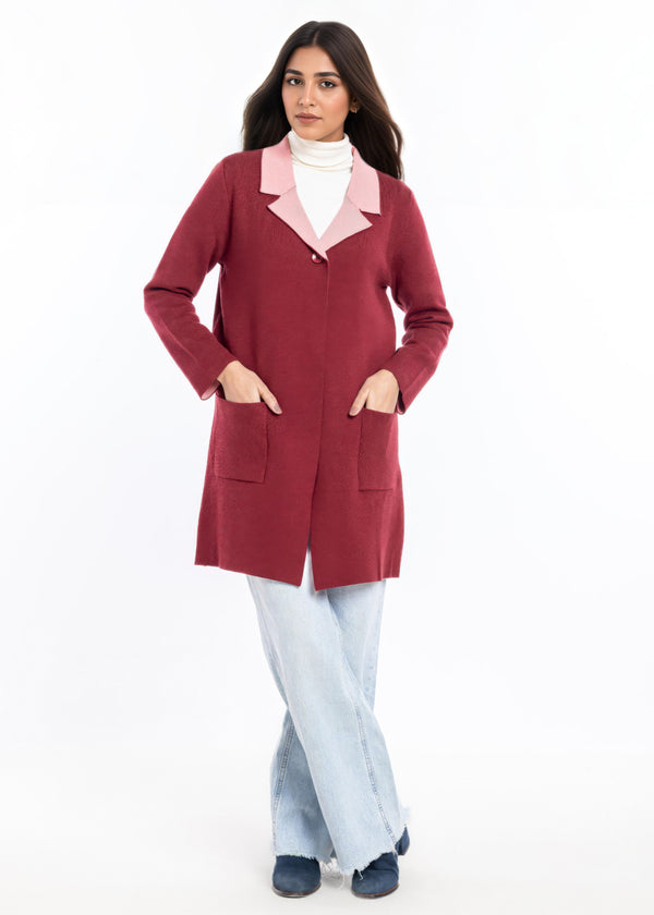 Maroon-Wing Collar Full Sleeves Cardigan Sweater (25Y-124-67)
