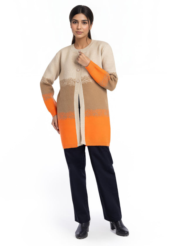 Orange-Round Neck Cardigan Full Sleeves Sweater (25Y-125-67)