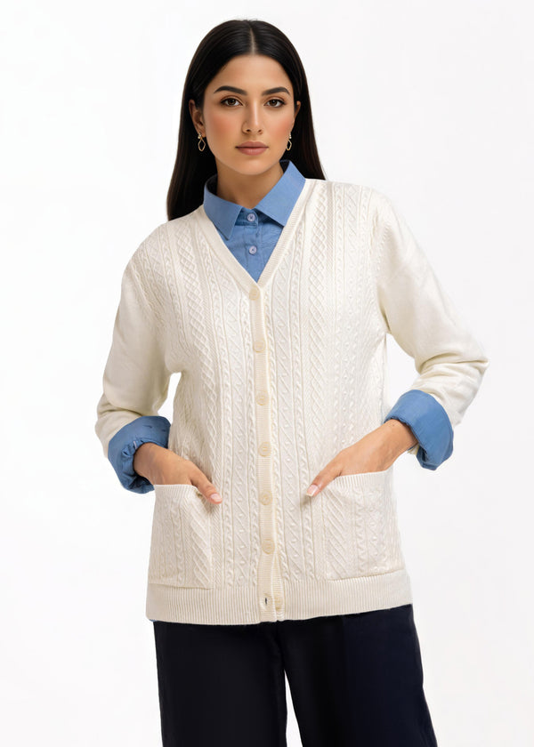 White-V-Cardigan Full Sleeves Sweater (25Y-205-67)