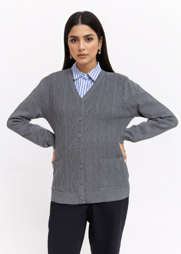 Grey-V-Cardigan Full Sleeves Sweater (25Y-207-67)