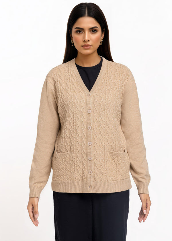 D-Beige-V-Cardigan Full Sleeves Sweater (25Y-209-67)