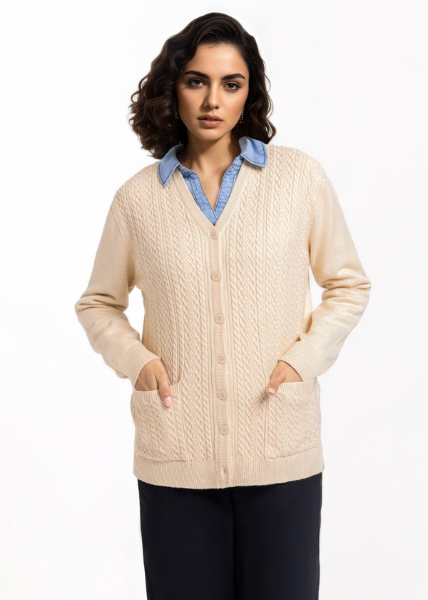 Beige-V-Cardigan Full Sleeves Sweater (25Y-211-67)