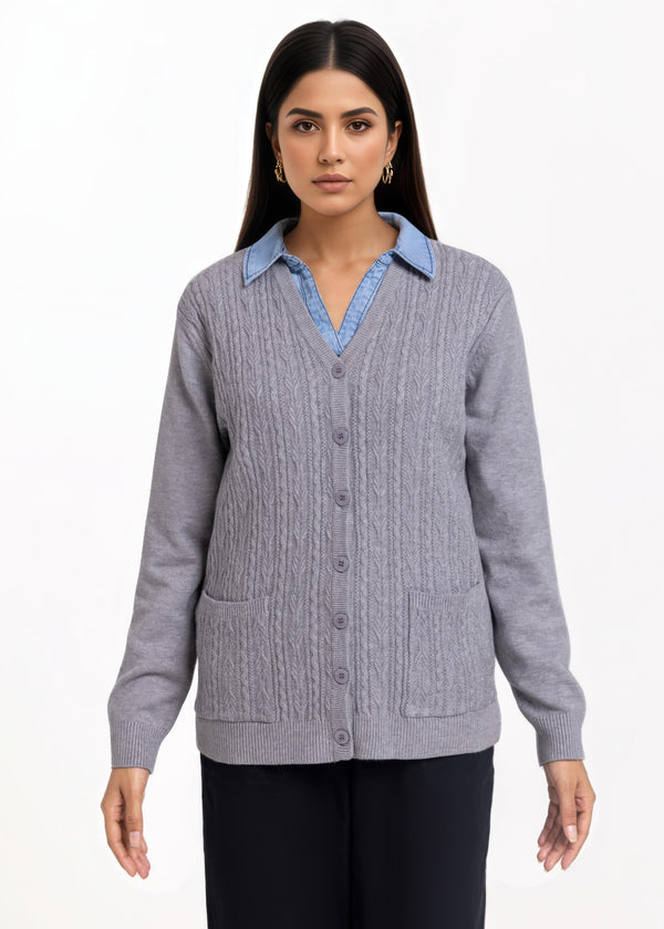 Grey-V-Cardigan Full Sleeves Sweater (25Y-215-67)