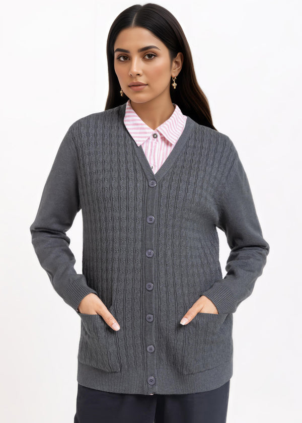 Charcoal-V-Cardigan Full Sleeves Sweater (25Y-219-67)