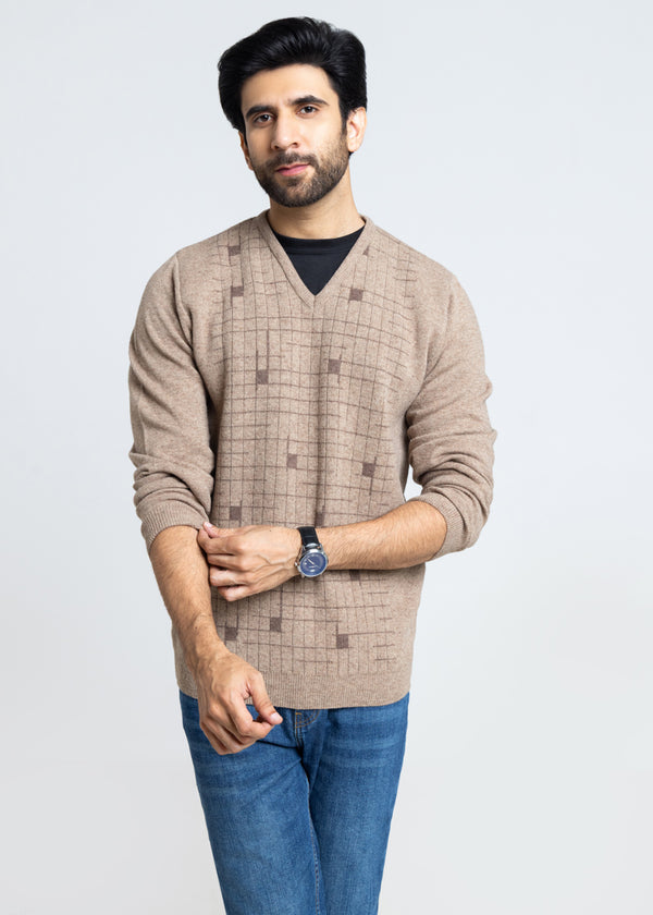 M-Beige-V-Neck Full Sleeves Sweater (511-14)