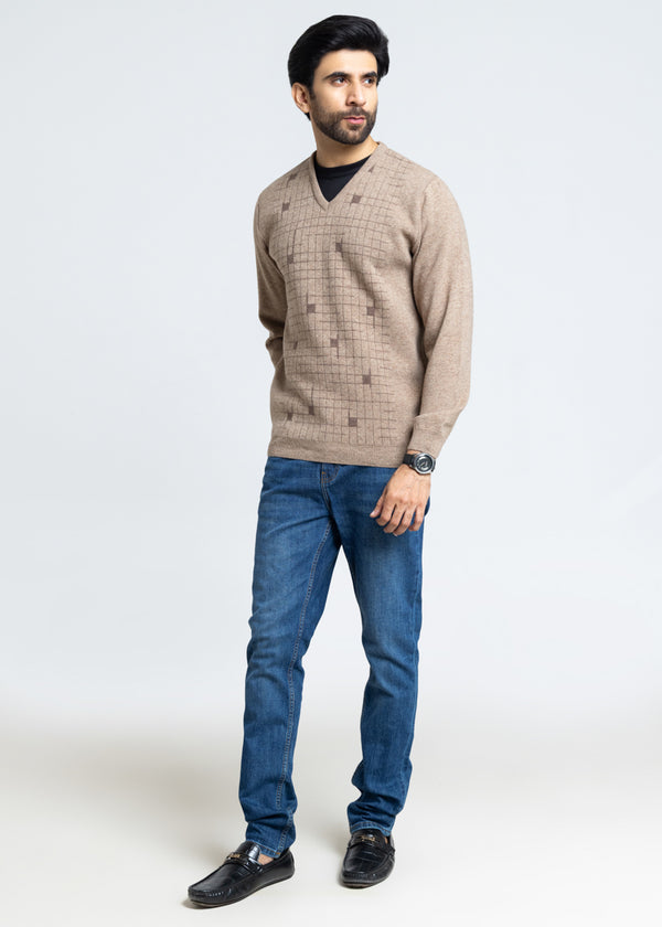 M-Beige-V-Neck Full Sleeves Sweater (511-14)