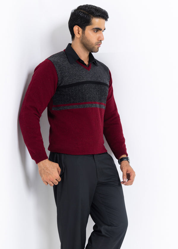 O-Maroon-V-Neck Full Sleeves Sweater (512-14)