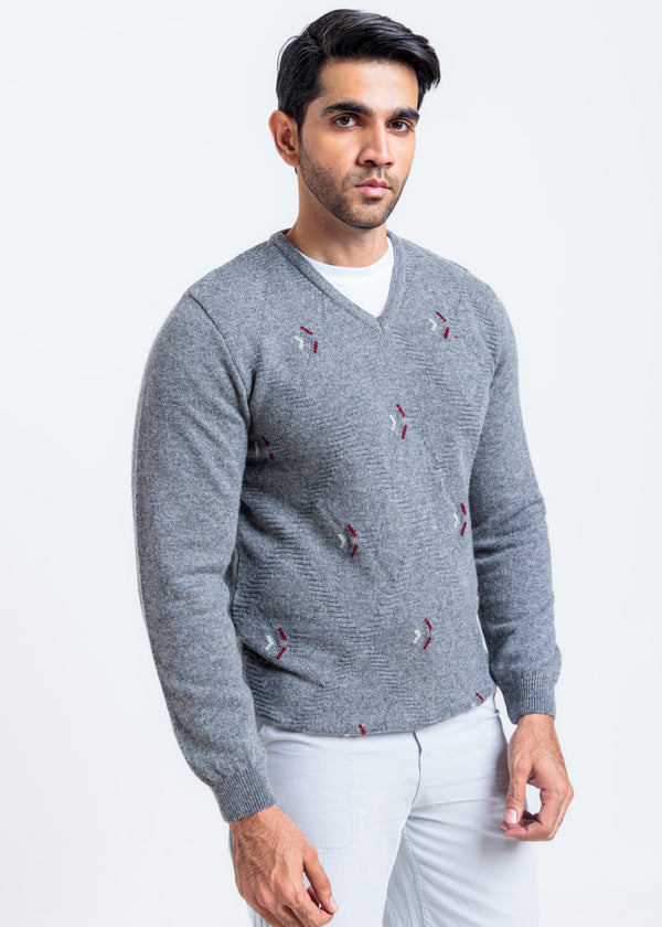 St-Grey-V-Neck Full Sleeves Sweater (514-14)