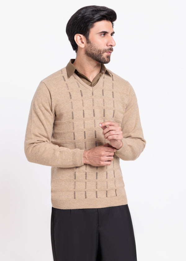Wheat-V-Neck Full Sleeves Sweater (517-14)