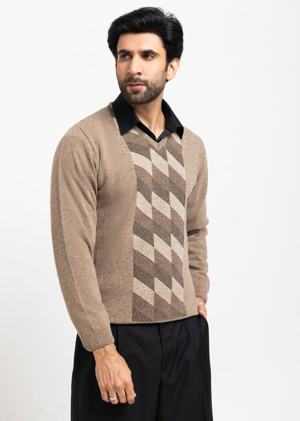 Walnut-V-Neck Full Sleeves Sweater (520-14)