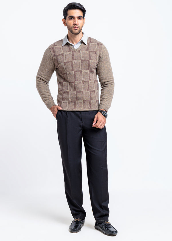 Nl-Beige-V-Neck Full Sleeves Sweater (525-14)