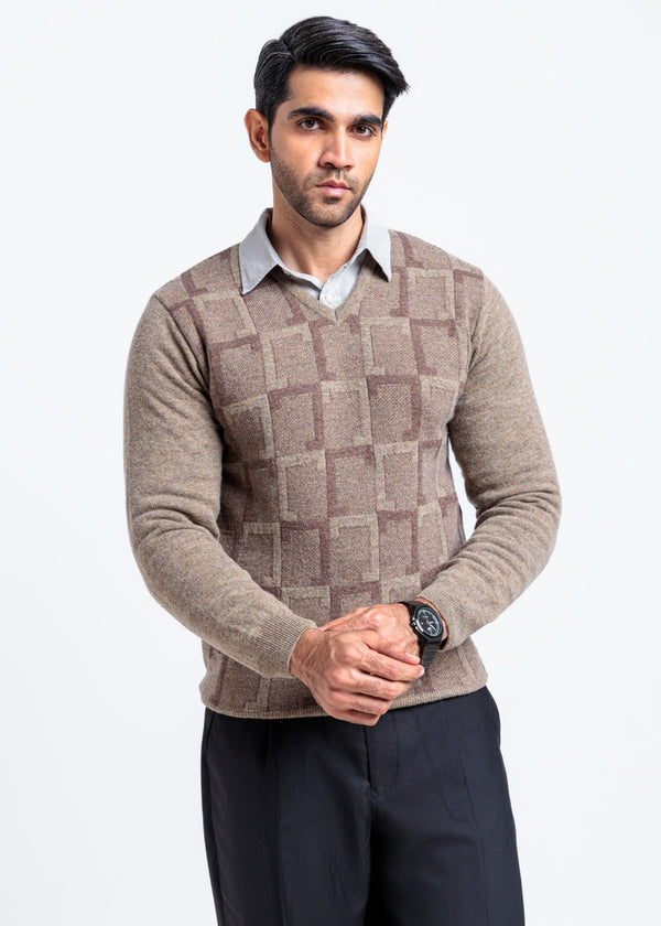 Nl-Beige-V-Neck Full Sleeves Sweater (525-14)