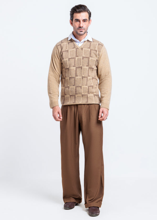 Wheat-V-Neck Full Sleeves Sweater (525-14)