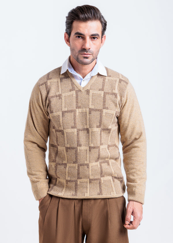 Wheat-V-Neck Full Sleeves Sweater (525-14)