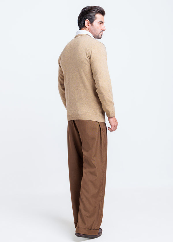 Wheat-V-Neck Full Sleeves Sweater (525-14)