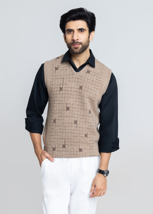 M-Beige-V-Neck Sando Sweater (661-14)