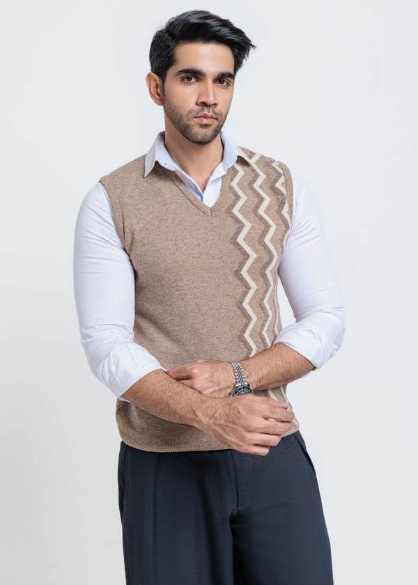 M-Beige-V-Neck Sando Sweater (663-14)