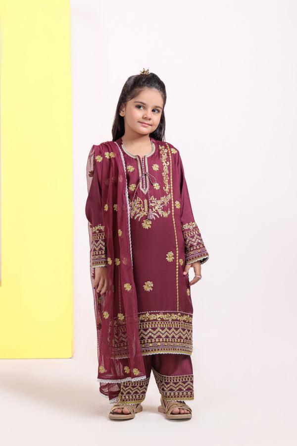Burgundy-Raw Silk-3 Piece (G25FE3012)